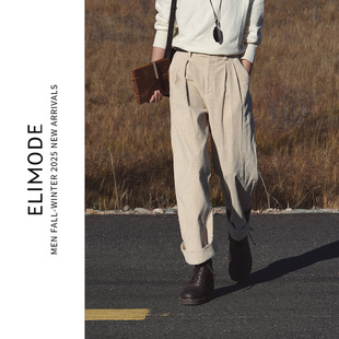 秋冬 老钱风亚麻混纺YKK蛋壳白灯芯绒直筒通勤休闲裤 ELi 白涯