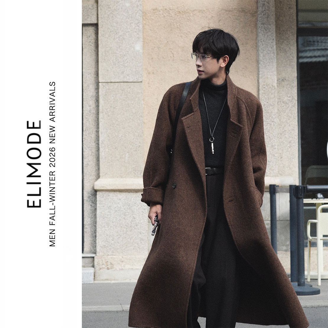 ELI【阿克苏】骆驼绒羊毛混纺双面呢手工明线风琴袋中长款大衣