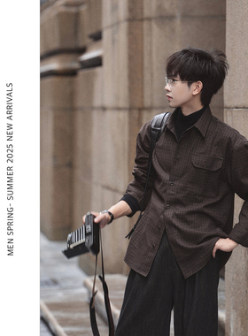 ELI【卡农】秋冬羊毛混纺重磅复古磨毛格纹长袖衬衣百搭抗皱衬衫