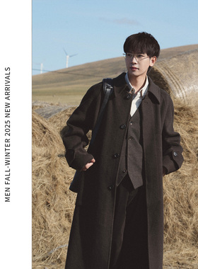 ELl【桦木】100%绵羊毛复古经典巴尔马肯翻领双面毛呢大衣冬季男