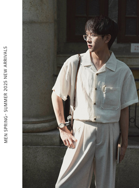 ELI【澳白】莱赛尔亚麻混纺老钱风古巴领易打理短袖夏季松弛衬衫