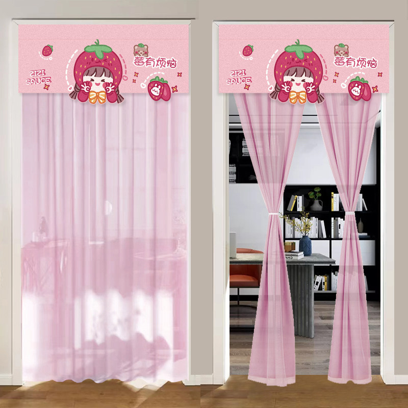新款卡通门帘卧室免打孔隔断帘魔术贴防蚊挂帘蕾丝装饰魔术贴帘子