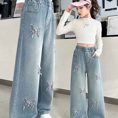 女童牛仔裤洋气蝴蝶结直筒阔腿裤