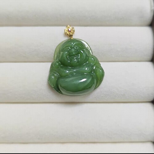 天然和田玉碧玉佛公18K金吊坠