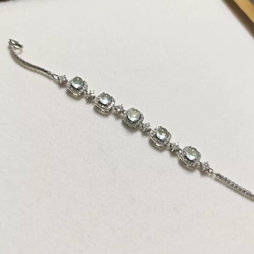 天然岫玉天青冻925银钻镶手链