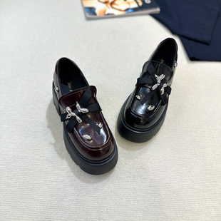 百搭单鞋 一脚蹬英伦乐福鞋 新款 松糕厚底小个子蝴蝶结铆钉2025秋季