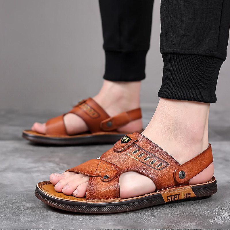 SOFT-SOLED MENS SANDALS TOP LAYER COWHIDE COW TENDON SOLE SUMMER CASUAL BEACH SHOES NON-SLIP OUTSIDE WEAR DAD SHOES OUTDOOR DRIVING