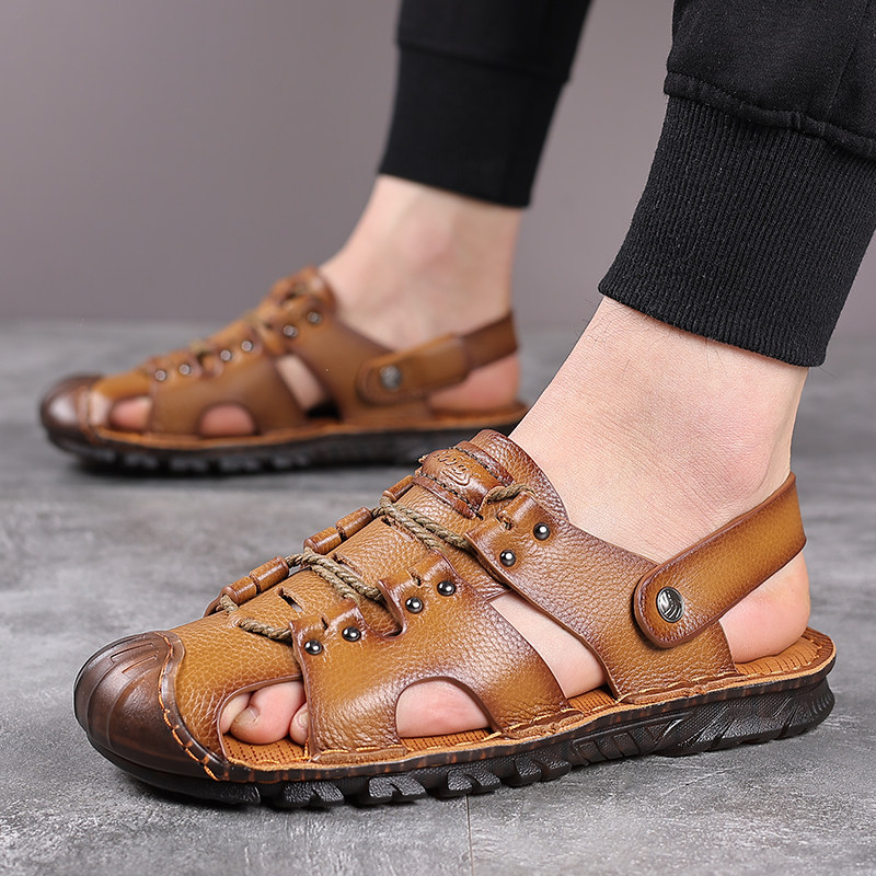 2022 NEW SUMMER LEATHER BEACH SHOES BREATHABLE BAOTOU MENS SANDALS UPPER LAYER COWHIDE COW TENDON SOLE NON-SLIP OUTDOOR