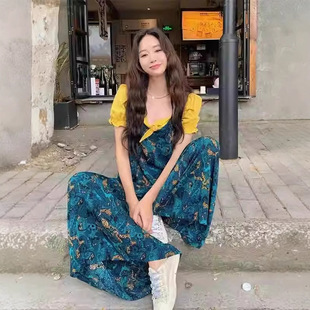 蓝色多巴胺印花背带裤女2025夏季新款韩版高腰显瘦垂坠感阔腿裤