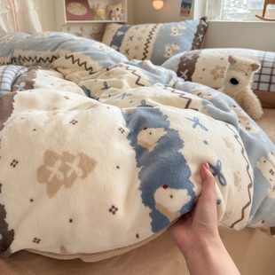 冬季加厚牛奶绒床上四件套学生宿舍双面珊瑚绒床单毛绒被套三件套
