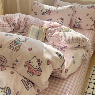 可爱hellokitty牛奶绒加厚四件套少女心卡通儿童珊瑚绒绒床单被套