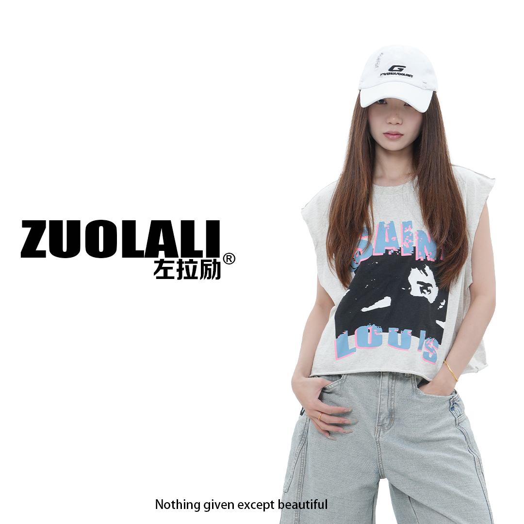 ZUOLALI/左拉励【破坏相片】复古夏季街头印花坎肩设计-无袖T恤