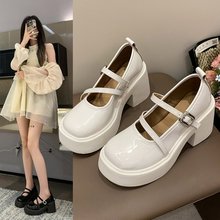 白色小皮鞋女2025新款夏季中跟法式玛丽珍鞋厚底一字带lolita鞋子
