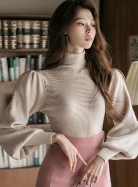 韩国代购dint秋冬纯色温暖高腰灯笼袖针织衫淑女修身气质T恤上衣