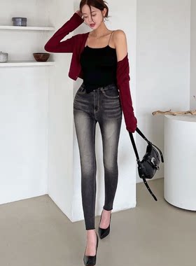 韩国代购sweetglam复古水洗紧身牛仔裤女百搭高腰小脚裤显瘦长裤
