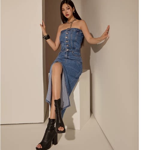 韩国代购dint早秋女神气质抹胸裙前排扣抹胸长款牛仔裙开叉连衣裙