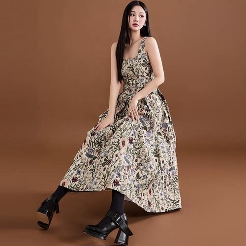 韩国代购dint繁花似锦早春新款高腰印花连衣裙女装无袖过膝长裙子
