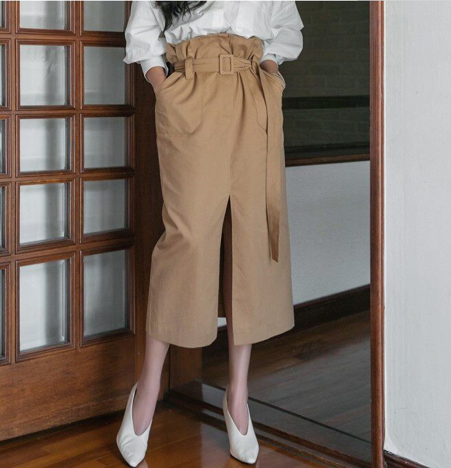 韩国代购dint超高腰半身裙大口袋系带花苞裙修身通勤春秋背带长裙