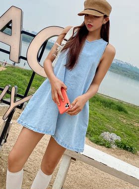韩国代购yemomile无袖牛仔裙圆领浅色背心裙女休闲a型短款连衣裙