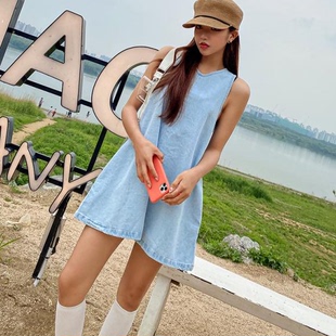 韩国代购yemomile无袖牛仔裙圆领浅色背心裙女休闲a型短款连衣裙