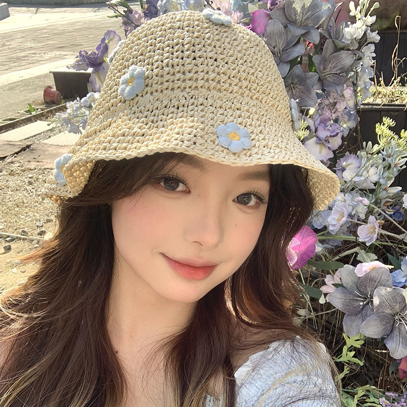 日系蓝色小花小清新草编渔夫帽女夏天大檐遮阳显脸小防晒镂空草帽