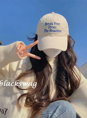 韩系氛围感蓝字母刺绣米白色棒球帽女宽帽檐显脸小大头围鸭舌帽男