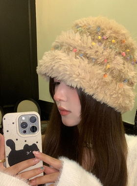 彩虹糖豆秋冬季毛线帽子女款大头围渔夫帽包头护耳保暖针织盆帽