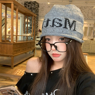 包头冷帽街头百搭凹造型显脸小 字母针织毛线帽秋冬季 韩版 小众个性