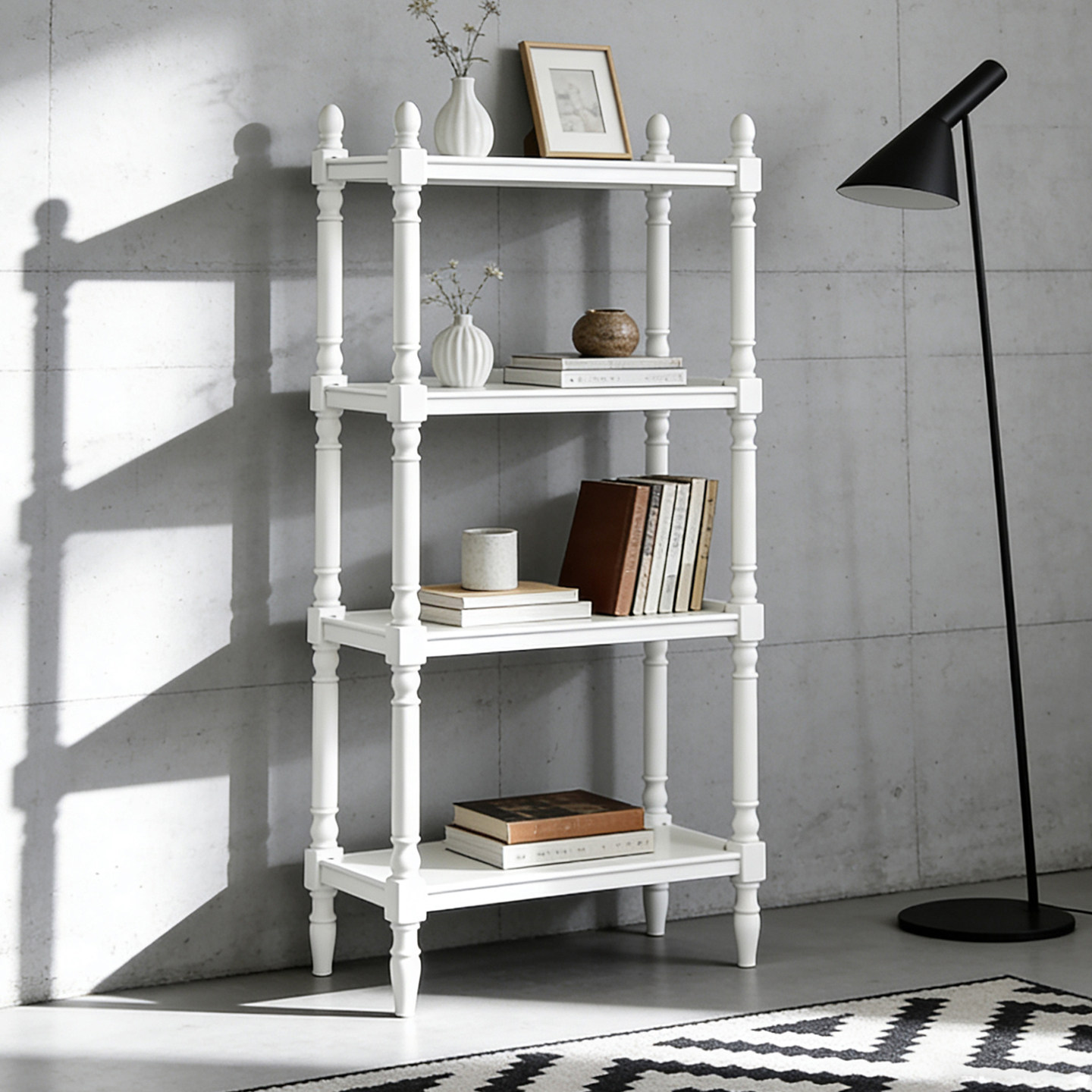 北欧落地置物架客厅实木展示架法式奶油风靠墙书架创意中古陈列架