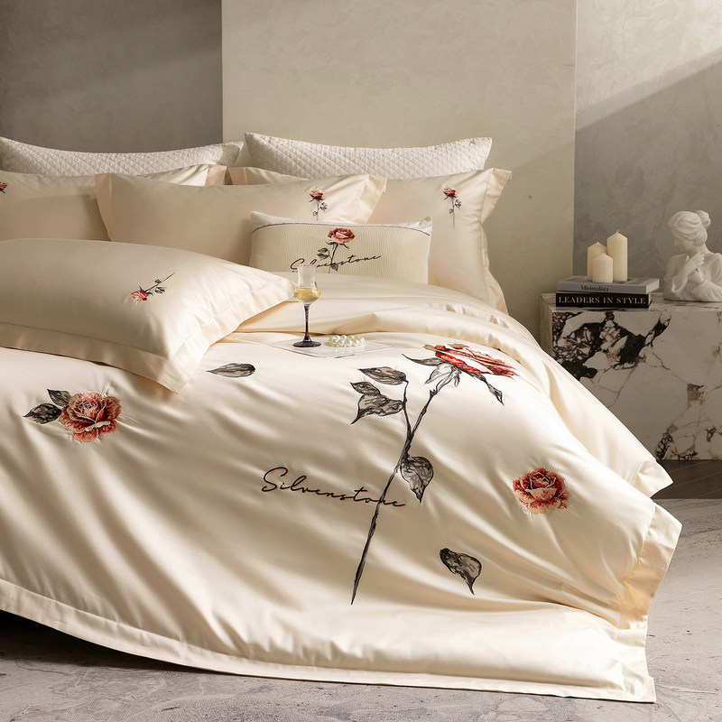 欧式简约高端100支新疆长绒棉四季款刺绣花四件套被套双人床单4,床上用品,床品套件/四件套/多件套,淘宝优惠券,粉丝福利购,淘宝优惠卷