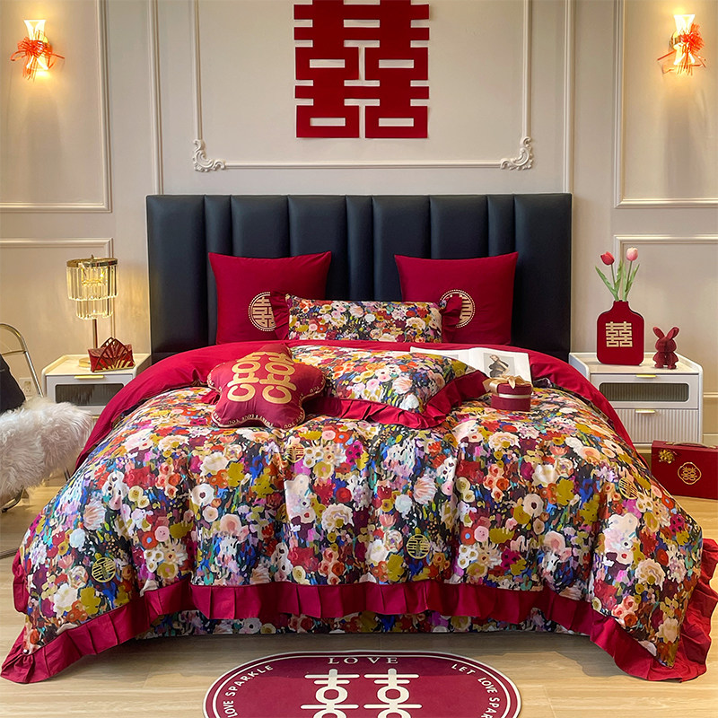 全棉油画风印花床笠款结婚四件套