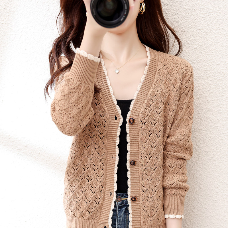 2023早秋纯棉镂空针织开衫外套女长袖薄款韩版v领外穿线衣毛衫