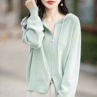 秋季新款连帽长袖上衣纯色外套时尚安迪绒针织开衫简约毛衣女装