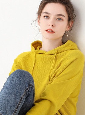 春秋新款全棉线连帽套头针织衫女长袖线衣宽松休闲帽衫上衣