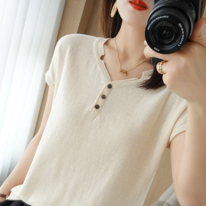 纯棉针织短袖T恤2025夏季新款韩版宽松v领休闲薄款打底衫女,女装/女士精品,毛针织衫,淘宝优惠券,粉丝福利购,淘宝优惠卷