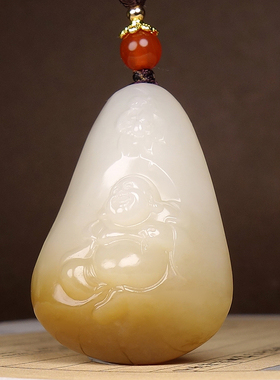 新疆大师李林霏和田玉且末料糖白油润料笑佛吊坠挂件 重27.70克