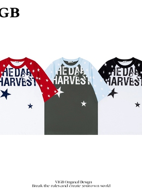VIGB 原创国潮美式复古设计感撞色学院风短袖男女宽松休闲百搭T恤