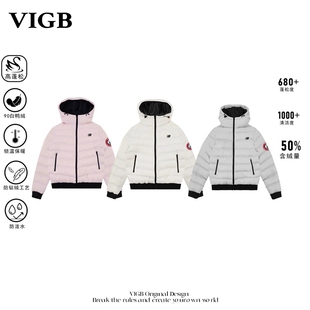 加厚白鸭绒男女外套潮 撞色连帽排骨羽绒服冬季 VIGB 原创国潮美式