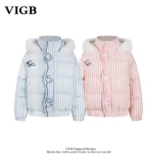 新款 冬季 连帽百搭保暖竖条纹撞色棉服外套情侣 原创国潮美式 VIGB