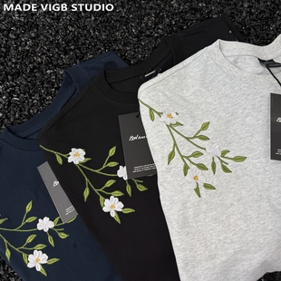 VIGB 原创国潮立体皮标花卉刺绣重磅T恤趣味学院风情侣纯棉短袖