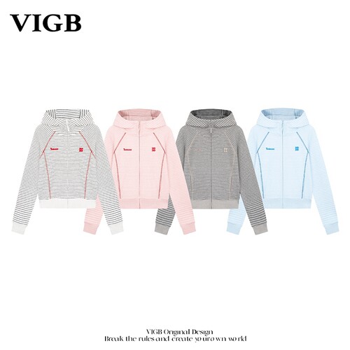 VIGB原创条纹刺绣连帽开衫卫衣