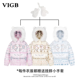 VIGB 费尔岛毛领保暖连帽棉服慵懒风加厚棉衣外套潮 原创国潮美式