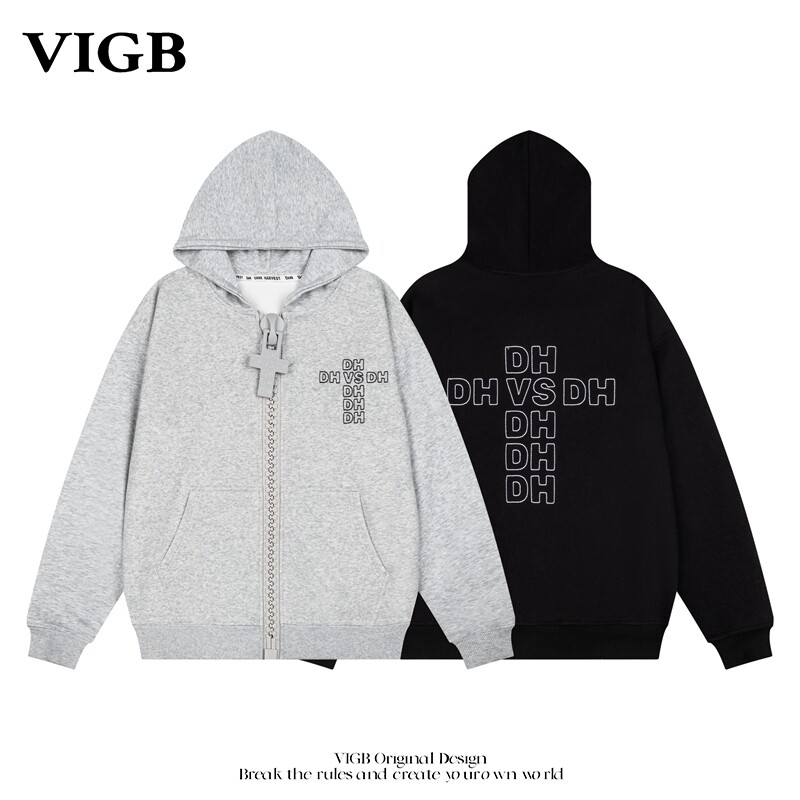 VIGB原创复古刺绣连帽开衫卫衣