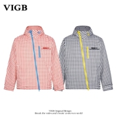 VIGB 斜拉链棋盘格纹冲锋衣户外徒步撞色冲锋外套潮 原创国潮美式