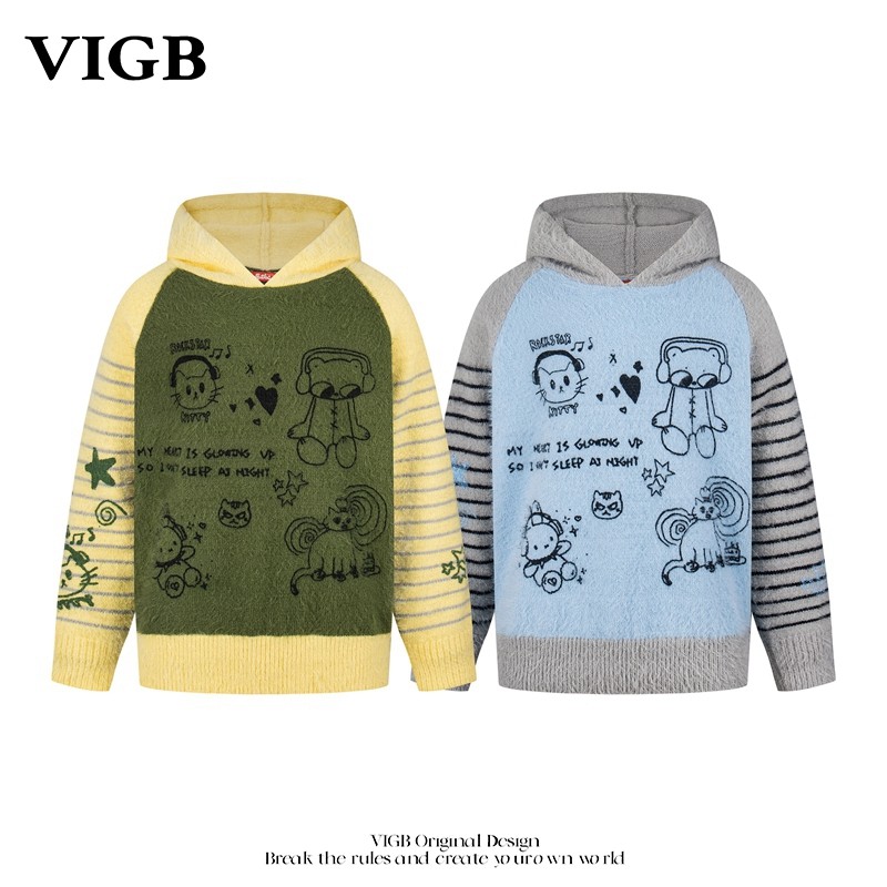 VIGB 原创国潮美式复古小猫连帽毛衣条纹拼接慵懒套头针织衫帽衫,男装,针织衫/毛衣,淘宝优惠券,粉丝福利购,淘宝优惠卷