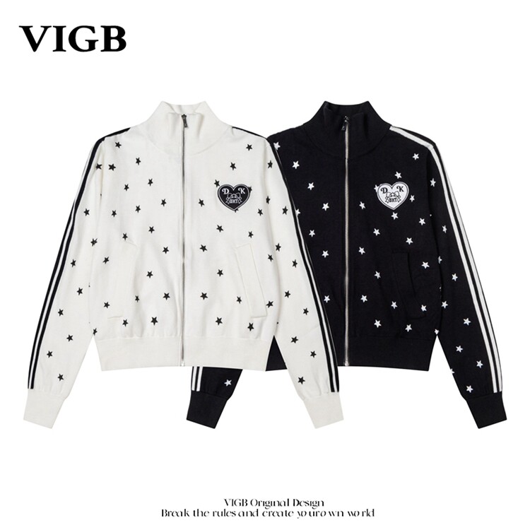 VIGB 原创国潮美式星星刺绣针织衫女修身慵懒风休闲小众毛衣外套