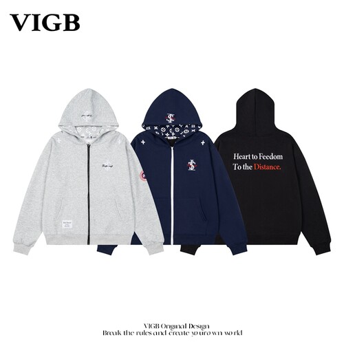 VIGB原创字母刺绣连帽开衫卫衣