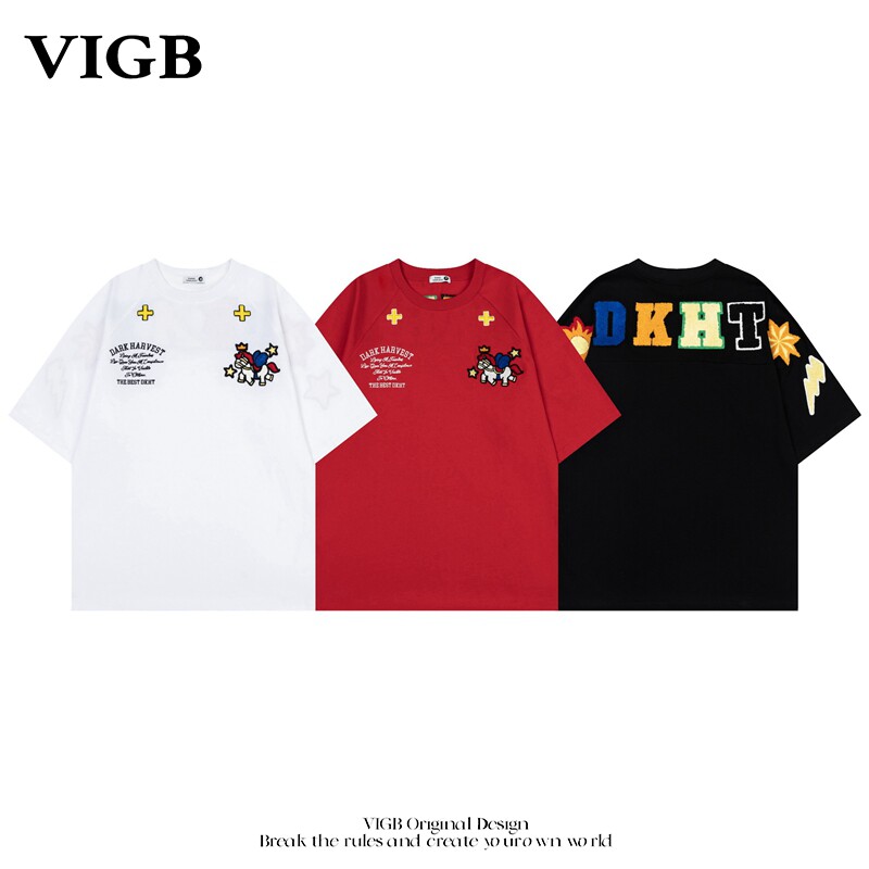 VIGB 原创国潮美式复古短袖t恤男女情侣装高街宽松设计感小众上衣