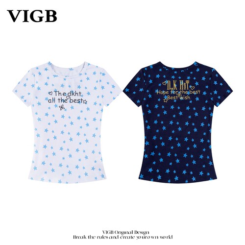 VIGB 原创国潮美式复古个性星星印花短袖T恤圆领字母修身显瘦百搭