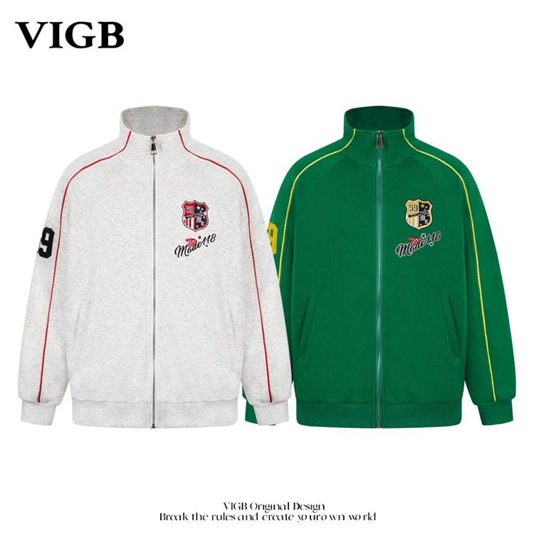 VIGB 原创国潮美式复古春季明线新款刺绣徽章拉链棒球服外套情侣